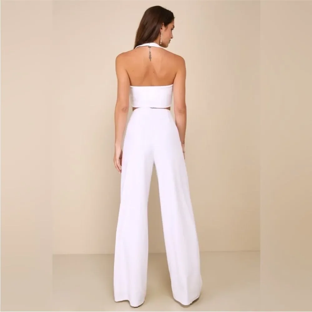 Lulus Compelling Perfection White Halter Wide-Leg Two-Piece‎ Jumpsuit